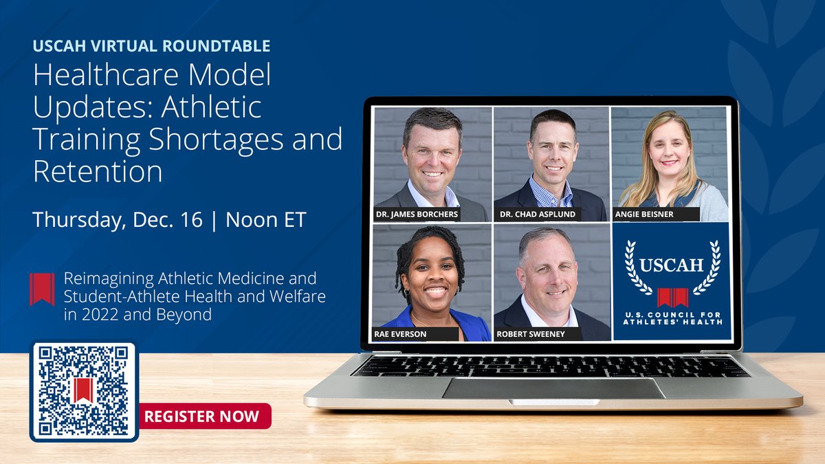 4athleteshealth's tweet photo. Last call: join our USCAH team tomorrow for a roundtable discussion regarding athletic training shortages and retention -- the first in a series of discussions focused on reimagining athletic healthcare in 2022 and beyond. REGISTER: https://t.co/tigHlwxpZB https://t.co/FUxtJtcpnl