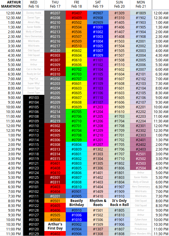 Marathon Schedule 2022 Peeebs On Twitter: "Arthur Marathon (Feb 16-21, 2022) Episode Schedule,  Color Coded By Season. Https://T.co/J6Dpna7Bt3" / Twitter