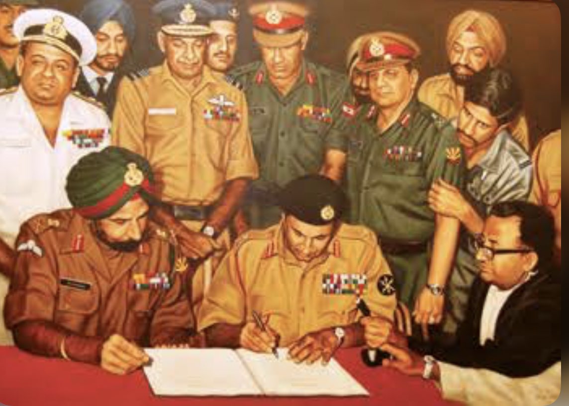 16 December 1971 
- Today marks the 50th anniversary of Bangladesh's victory. 
- 93 thousand soldiers of Pakistan had surrendered in front of India.
- In India and Bangladesh, this day is celebrated as #VijayDiwas.
- This picture still hurts Pakistan.
#MuktiBahini #Bangladesh