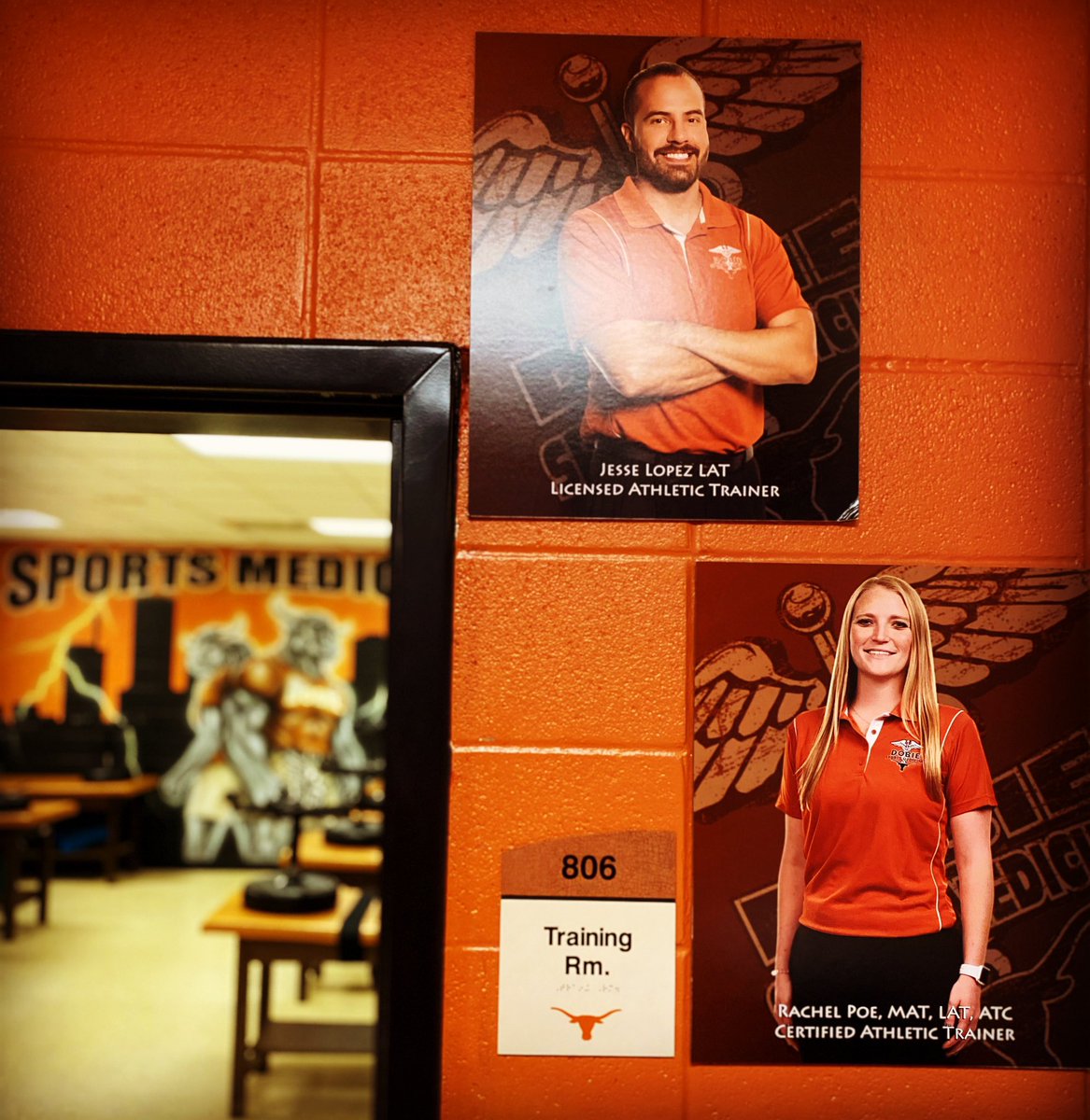 DobieSportsMed's tweet photo. Even Ms. Poe finally got her professional picture @ the door of our Dobie Athletic Training Room #NewEra #MaintainingTheStandard #DobiePride https://t.co/x2ayGO6Z24