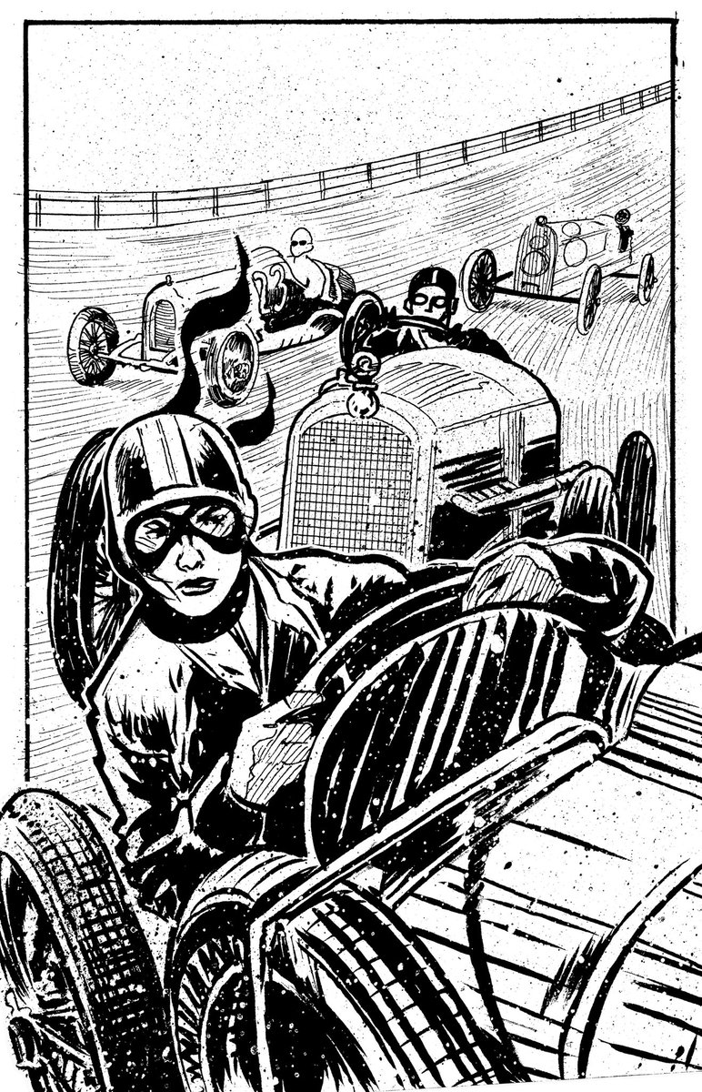 Sneak peek: Frankie behind the wheel. Pen and ink comic panel, from The Tommy Gun Dolls Vol prequel comic book.
#graphicnovel #1920s #racecardriver #vintageracer #boardtrackracer #penandink #linedrawing #pendrawing #comics #portrait #lineart #inkbrush #art #artist #storytelling