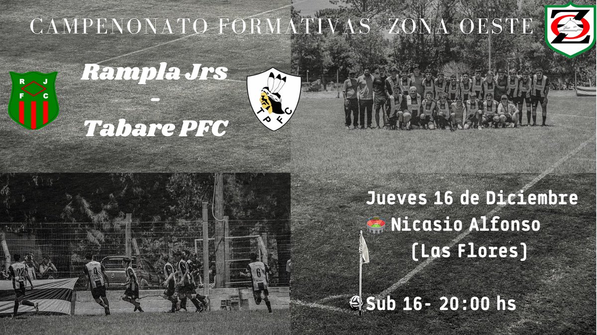 Liga Zona Oeste ⚽️
Sub 16⚫️⚪️⚫️

En el día de mañana enfrentamos a Rampla Jrs para seguir peleando el clausura!!

Los esperamos 🤜🏼🤛🏼

#TabarePFC #CampeonatoZonaOeste