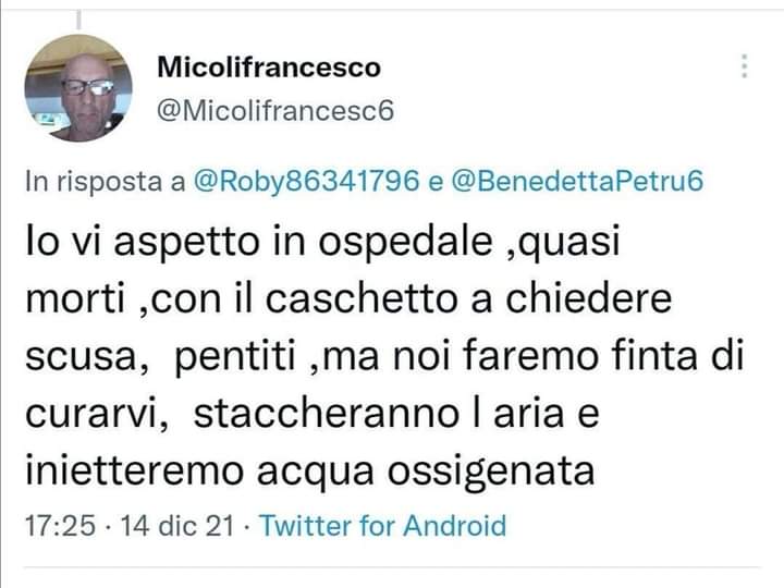 Elvira39886599's tweet photo. #micolifrancesco uno dei nostri eroi presumo. Eri uno di quelli che sedava e ammazzava le persone? Perché mi sembra di scorgere del piacere tra le righe https://t.co/8HDtez5a6f