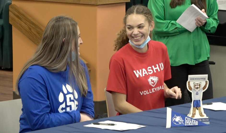 Channel1450com's tweet photo. Two Rochester Volleyball Players Celebrate Signing Day-

Tori Taylor is headed to Wash U

Lauren Bloom is headed to Culver Stockton

We spoke with both Rockets about their decision 
https://t.co/o3Cnly8anf https://t.co/MTQReGsrgJ