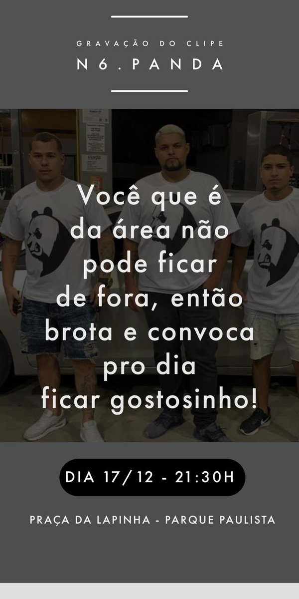 🐼 AMANHÃ, DIA 17/12 queremos ver geral na Lapinha para as gravações do clipe da MIXTAPE do @n6ehopanda , à partir das 21:30H
🎹 BEATS: <a href="/clfezobeat/">CL</a> &amp; Juninbeatss
👨🏽‍💻 MIX/MASTER: <a href="/stillronny/">𝕾𝖙𝖎𝖑𝖑 𝕽𝖔𝖓𝖓𝖞</a>
 FEATS : @lanigga_N6; <a href="/mercipapai/">pior versão de mim.</a>; @n6_Grampo
🎥VISUAL: <a href="/Mauidefato/">Maui</a>
#bxd #trapmusic #trapbr
