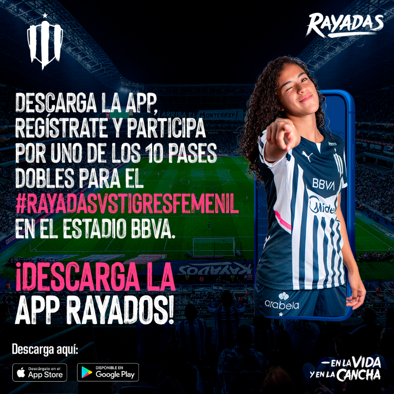 Rayadas's tweet photo. 📱| ¡La App Rayados te lleva a la 𝗚𝗥𝗔𝗡 𝗙𝗜𝗡𝗔𝗟 de Ida! 🤩
Descárgala, regístrate y participa por uno de los 1️⃣0️⃣ pases dobles para el #RayadasVsTigres ⚽
Conectados #EnLaVidayEnLaCancha 📶