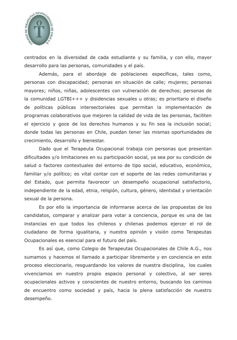 ChileColto's tweet photo. ESTIMADOS/AS COMPARTIMOS CON USTEDES DECLARACIÓN DEL COLEGIO DE TERAPEUTAS OCUPACIONALES DE CHILE A.G EN RELACIÓN CON LA SEGUNDA VUELTA PRESIDENCIAL #coltochilesomostodos https://t.co/mIk7A2hPSI