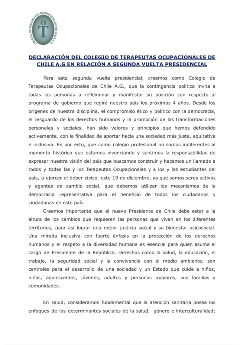 ChileColto's tweet photo. ESTIMADOS/AS COMPARTIMOS CON USTEDES DECLARACIÓN DEL COLEGIO DE TERAPEUTAS OCUPACIONALES DE CHILE A.G EN RELACIÓN CON LA SEGUNDA VUELTA PRESIDENCIAL #coltochilesomostodos https://t.co/mIk7A2hPSI