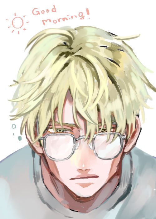 1boy male focus glasses solo blonde hair shirt white background  illustration images
