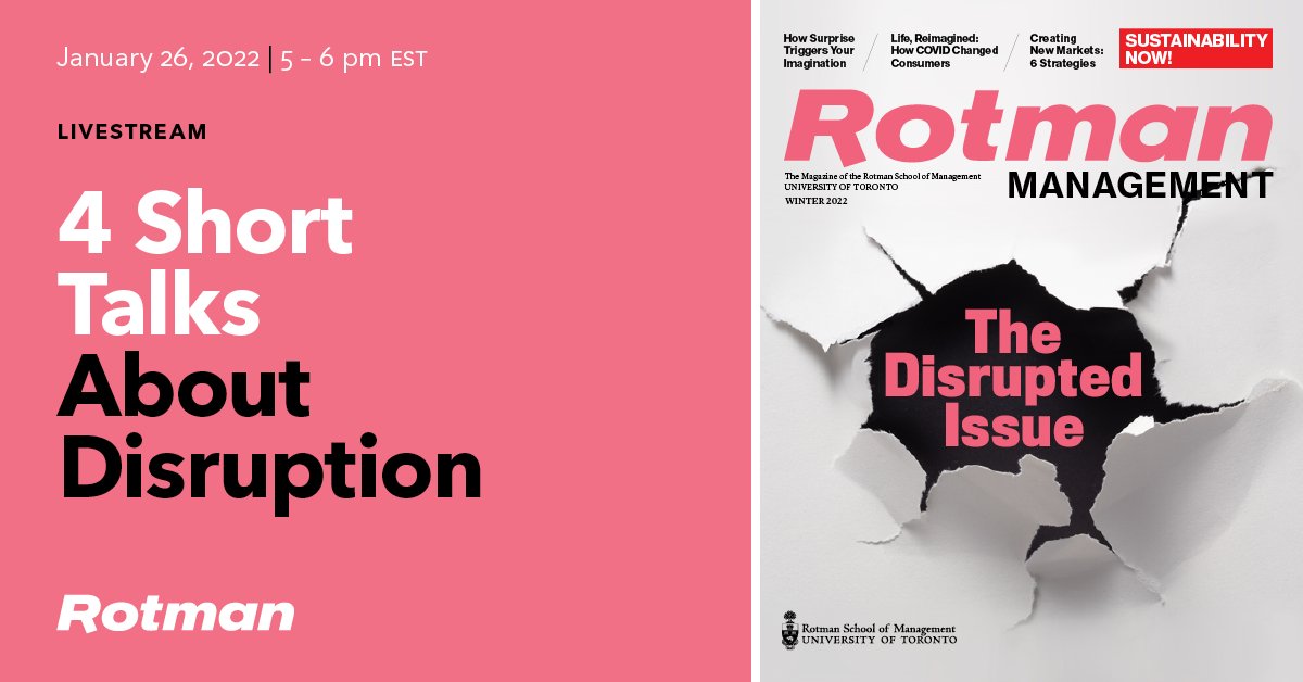 🗓 January 26th, 2022 at 5pm EST
 
Join @RotmanMgmtMag for '4 Short Talks About Disruption' including @ghadfield speaking on Building the Infrastructure for Ethical #AI.
 
Find out more: https://t.co/hECIqrukgb 

#UofTDefyGravity #TorontoSRI 