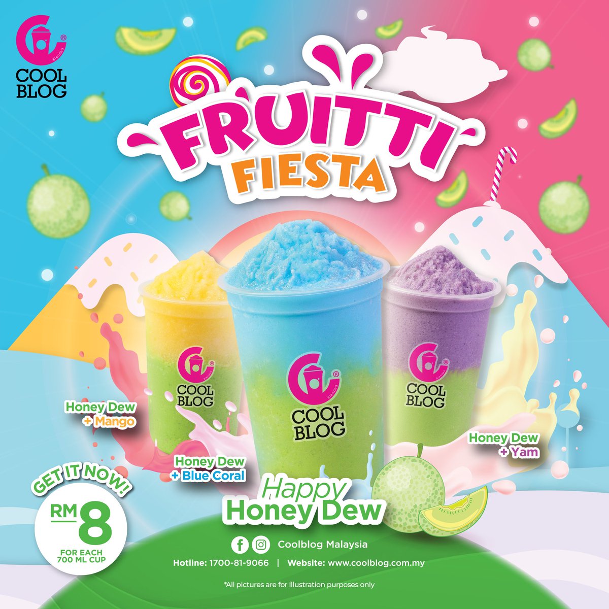 A mix and match made in heaven for you and your bestie !❤️ It is Coolblog FRUITTI FIESTA now 🎉 .

🍈Honeydew + Blue Coral 
🍈Honeydew + Mango
🍈Honeydew + Yam 

Get this Fruity-Licious 🤤 drinks at the nearest Coolblog outlet now😍 #jomcoolwithCoolblog #CoolblogFruittiFiesta