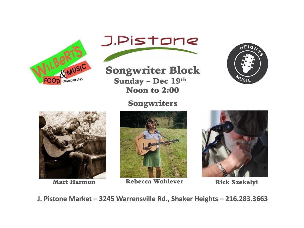 This Sunday, December 19th, Rebecca Wohlever and Matt Harmon will be joining Rick Szekelyi for a few hours of original music.  Stop by J. Pistone's New World Market.  Music from noon to 2:00.