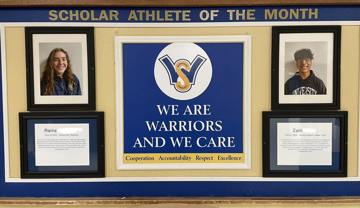 Heads up as you pass by the gym &amp; notice our latest Scholar Athletes of the Month. Raina &amp; Zain are multi-sport athletes who get it done in the classroom. Impressive work and great role models!  ⚔️⚔️
#STUDENTathlete #WeAreWarr1ors 
<a href="/GolfWebster/">Webster Girls Golf</a> <a href="/TrackWebster/">Webster Schroeder Track</a> <a href="/SchroederFtball/">Schroeder Football</a>
