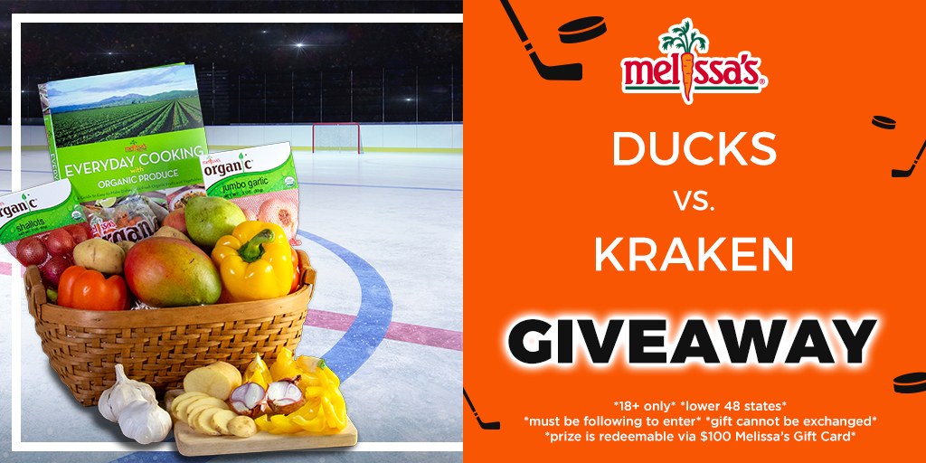 MelissasProduce's tweet photo. The @AnaheimDucks are hosting the @SeattleKraken tonight in their first trip to the @HondaCenter! 🏒

That calls for a #giveaway! To enter:

✅ Follow @MelissasProduce on IG: https://t.co/0zEIMeCUmM
✅ RT this post 
✅ Tag a friend! 

#FlyTogether https://t.co/dQ1jLRIeEP
