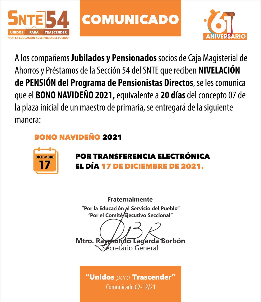 SNTE54mx's tweet photo. #COMUNICADO

A los Compañeros Jubilados y Pensionados que reciben Nivelación de Pensión se les extiende el presente comunicado sobre el Bono Navideño 2021.

#UnidosParaTrascender https://t.co/3msa5mHN8L