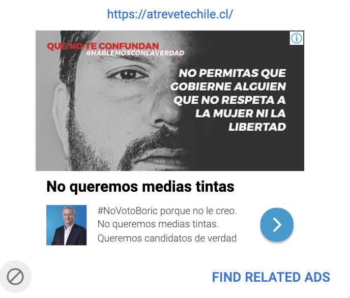 FelipeOvalle's tweet photo. Esto pasa ahora. No se puede decir que es el comando de Kast, pero estos son algunos de los nuevos banners que ❝alguien❞ está pagando a través de @GoogleAds (levantados después del debate Anatel) para promocionar -en Web- mensajes contra @gabrielboric con link a la Web de Kast. https://t.co/1VjbPgqFgs