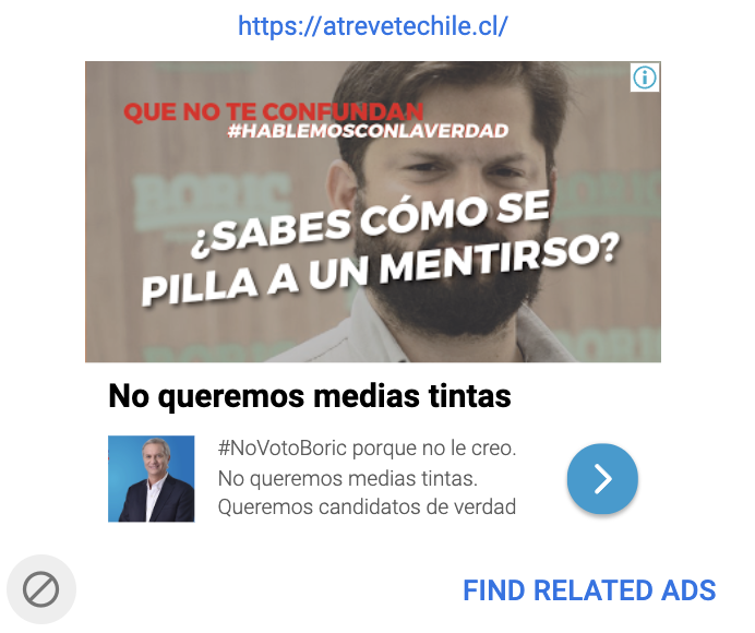 FelipeOvalle's tweet photo. Esto pasa ahora. No se puede decir que es el comando de Kast, pero estos son algunos de los nuevos banners que ❝alguien❞ está pagando a través de @GoogleAds (levantados después del debate Anatel) para promocionar -en Web- mensajes contra @gabrielboric con link a la Web de Kast. https://t.co/1VjbPgqFgs