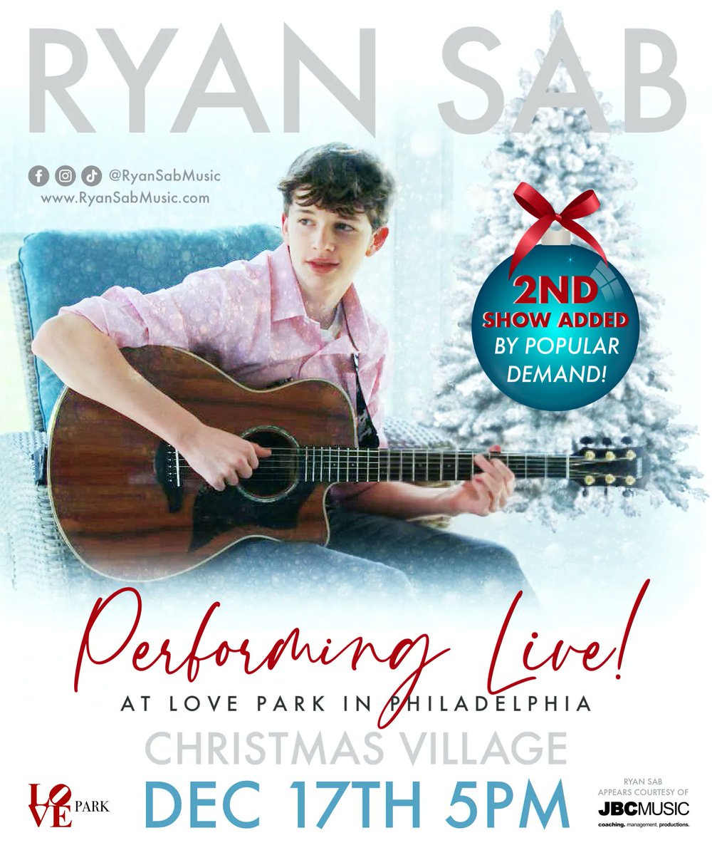 JBCMUSIC's tweet photo. ♦️2ND SHOW ADDED♦️FRI 12/17 @ 5PM ⏤ @JBCMUSIC emerging #Artist @RyanSabMusic will be performing at #ChristmasVillage #Philadelphia! ❄️🎤🎸 @philachristmas @loveparkphilly #RyanSabMusic #ProudVocalCoach #AllIWantForChristmasIsYou

#RyanSab Appears Courtesy of #JBCMUSIC management https://t.co/qGfOcbGmpa