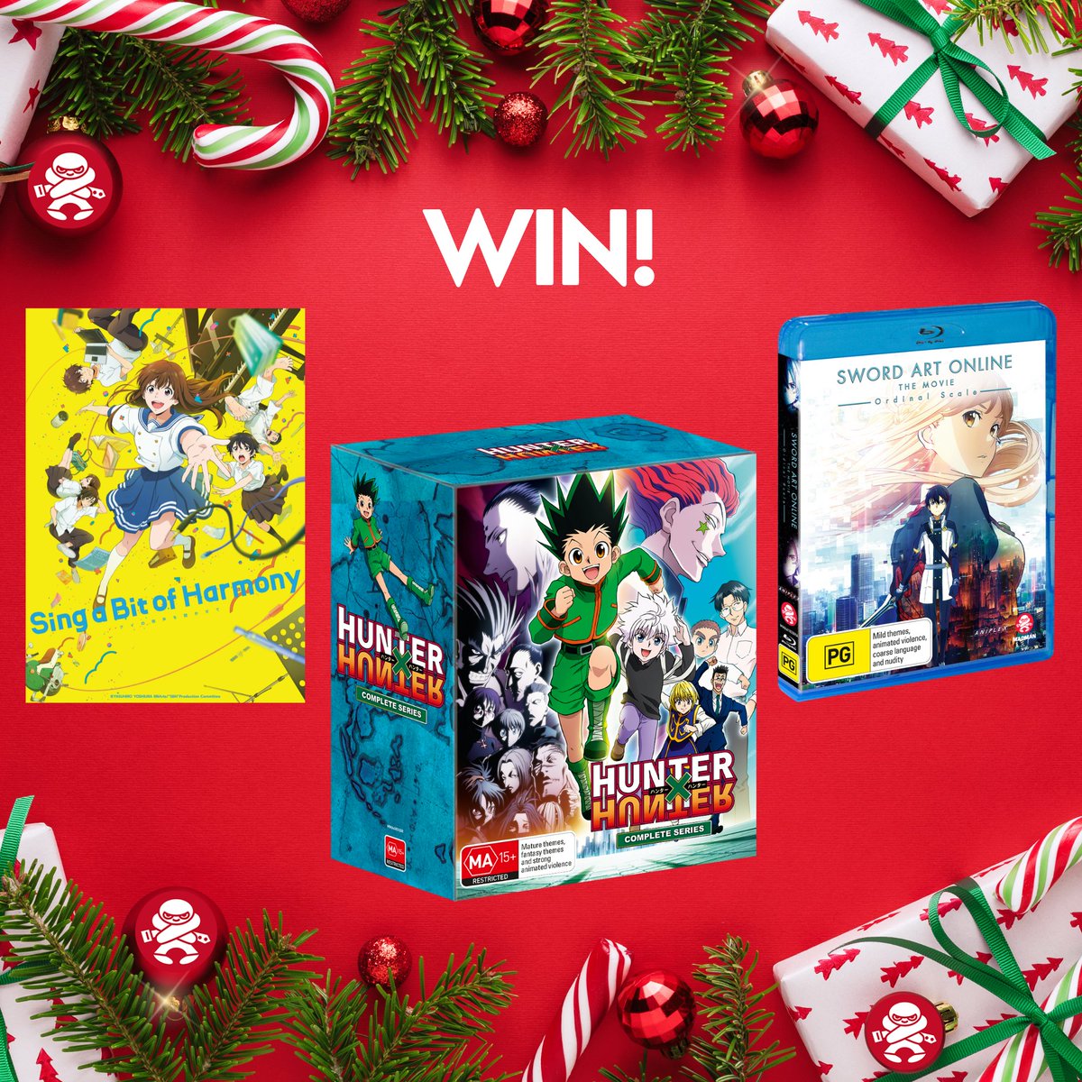MadmanFilmsNZ's tweet photo. Day 2 of our Xmas giveaways.. To go in the draw to win a double-pass to see #SingABitOfHarmony (in NZ cinemas Jan 27), a #SwordArtOnline The Movie - Ordinal Scale - Blu-Ray + a #HunterXHunter Complete Series box-set - just RT this tweet, and follow @madmannz [Winner drawn Dec 20] https://t.co/UX4PMKCP3w