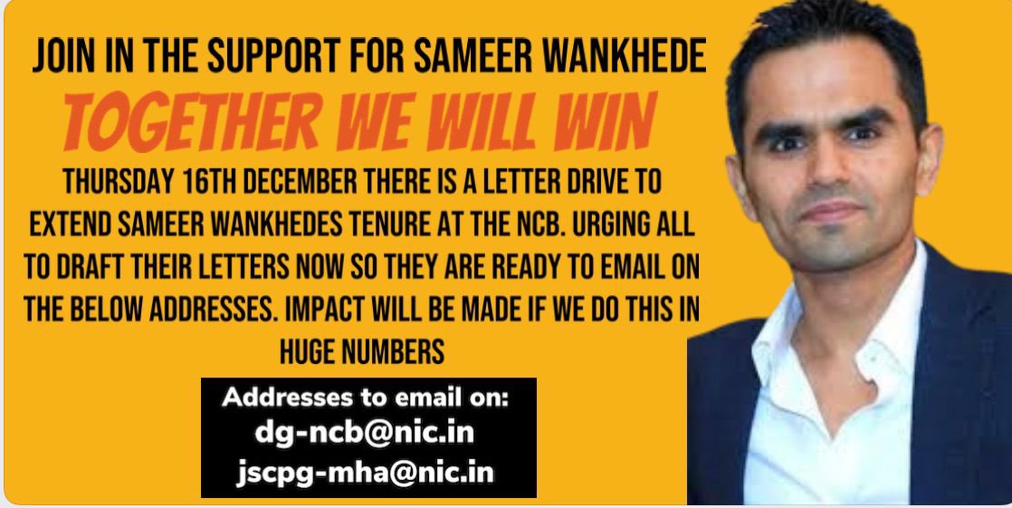 smitaparikh2's tweet photo. Let’s stand with bravery and honesty - We need Sameer wankhede to get - Drugfreeindia - kindly join in huge numbers to send emails and letters , requesting to extend Sameer Sirs tenure in NCB -  #ExtendtenureofSameerwankhede https://t.co/yQ3yKaw6oJ