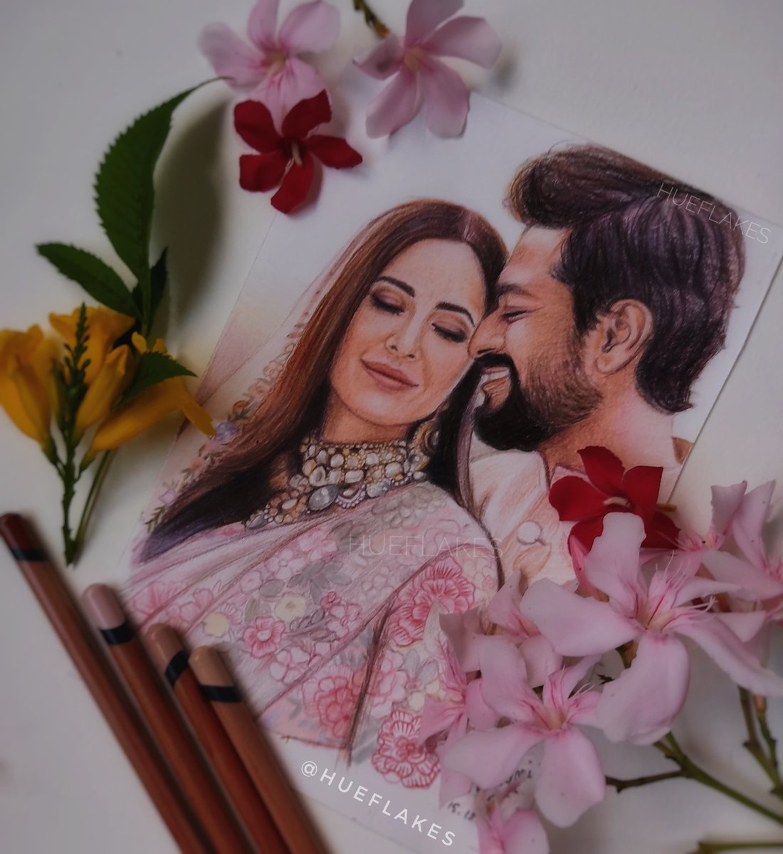 Hueflakes_'s tweet photo. My Colored pencils art of this gorgeous couple 🌸 @vickykaushal09 #Katrina 🥺 #KatrinaVickywedding #VickatKiShaadi #VickyKaushal #katrinakaifwedding https://t.co/B3EnjUjcjp