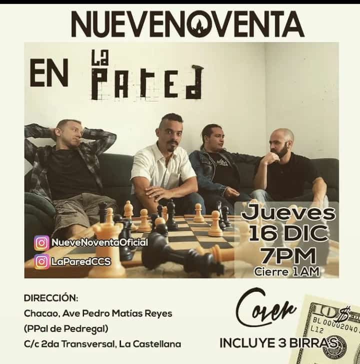 Alejo0027's tweet photo. Este jueves #16Dic estaremos tocando en La Pared. Actívate! el cover son 10$ e incluye 3 cervezas.

Te invitamos también a disfrutar nuestro nuevo single "FURIA" en todas las plataformas digitales.

#NueveNoventa  #rockvenezolano #Chacao https://t.co/gqcsy9Wv5d
