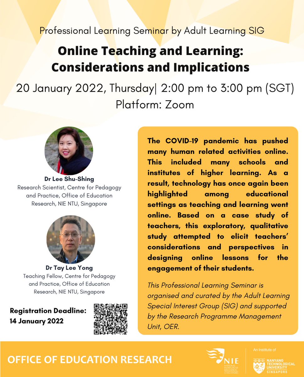 OfR_NIE's tweet photo. With #COVID19, technology has once again been highlighted in educational settings. Discover considerations and perspectives in designing online lessons, based on an explorative, qualitative case study of teachers. Register now: https://t.co/fmJ1OLOT35 #AdultLearning #NIEOER https://t.co/a6hGGg4cja