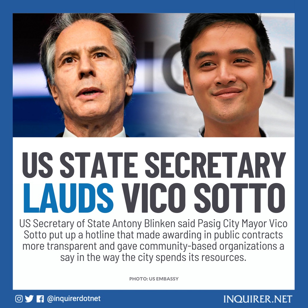 US Secretary of State Antony Blinken lauded Pasig City Mayor Vico Sotto for adopting a city program aimed at promoting anti-corruption and transparency.

Read more: inq.news/3GOp7P2
