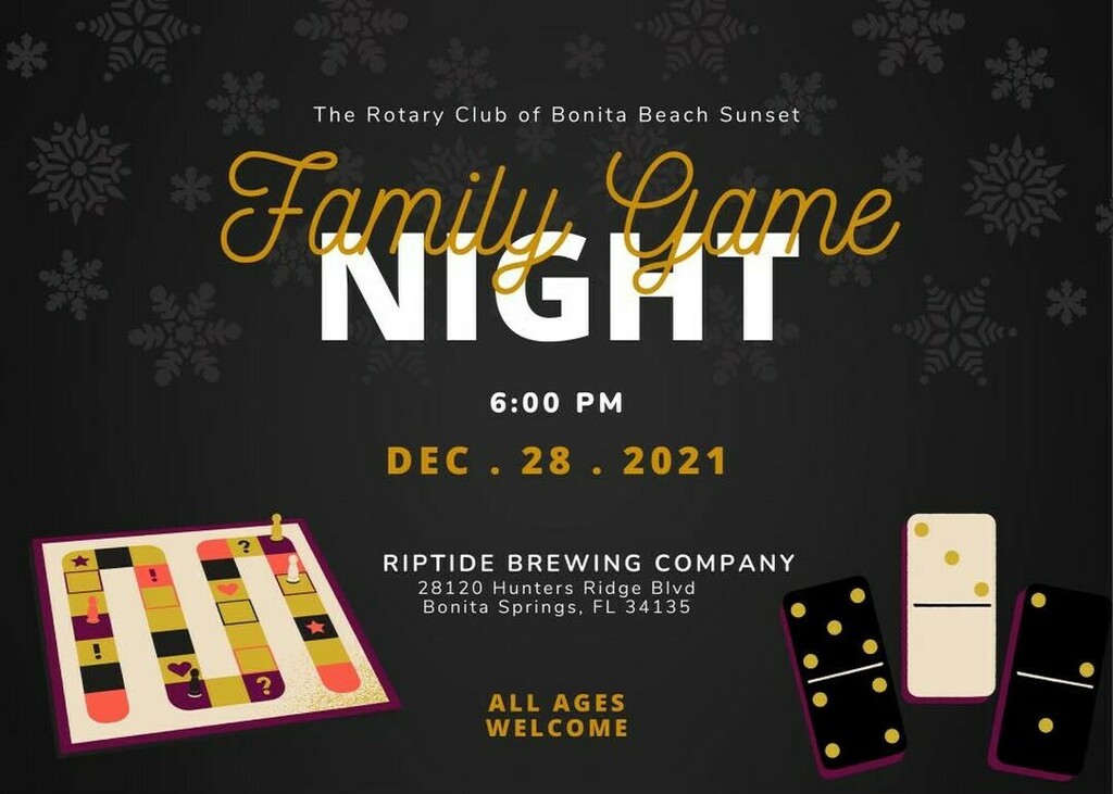 BeachRotary's tweet photo. A night of family fun and games hosted by the Rotary Club of Bonita Beach Sunset, Tuesday, December 28, 2021, Riptide Brewing Company in Bonita Springs. 

#rotary #rotaryinternational #rotaryclub #bonitasprings #bonitabeach #riptide #sunsetrotary #beachrotary #familyfun #gam… https://t.co/4IUNLdsUqo