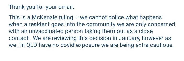 SnarksBarksPops's tweet photo. Fuck off, even further #McKenzieAgedCareGroup...
You do NOT get to make up your own 'conditions'...
Does @qldhealth agree with THIS ??
3 days of isolation ?
The reply, makes NO sense whatsoever ๐คฆ๐ผโโ๏ธ๐คฆ๐ผโโ๏ธ
Legal help needed to sort this ๐ฉ
Can anyone help out with info ?? ๐ https://t.co/Ax5OCajINY