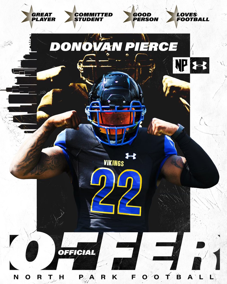 I am excited and truly blessed to receive an official offer from <a href="/NPUFootball/">North Park Football</a>! Thank you <a href="/Todd_Taylor28/">Todd A. Taylor Jr.</a> and <a href="/CoachRook/">Kyle Rooker</a>.  <a href="/CathedralFBall/">Cathedral Football</a> <a href="/Coachpeebs/">Bill Peebles</a> <a href="/CoachABarth/">Coach Barth</a> <a href="/iamerickallen/">Eric K. Allen</a>