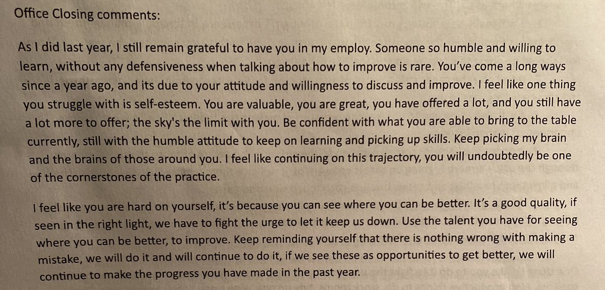 eb0shka's tweet photo. Some gems from my review package (we rate ourselves, and they also do, and at the end we rate the office/our experience) and then my boss writes us a couple paragraphs on his personal opinions. (I spent two weeks in his basement suite due to floods/mudslides 😂) https://t.co/59L6BdljoK