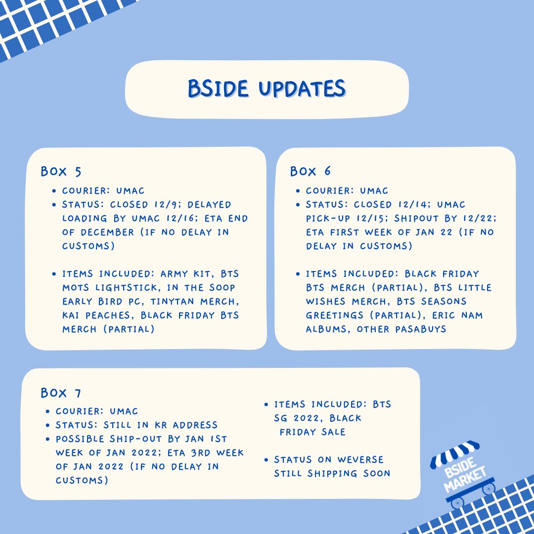 bsidemarket's tweet photo. Hello~
Updates re: ongoing GOs π€
Consolβs cut off was until 12/14 only due to courierβs last shipout is until 12/22
Most BTS SG 2022 orders shipping soon parin on weverse kahit we ordered on the first day :<
hope u understand po thank you! π€
dm us for qs!
#bside_updates https://t.co/WnxO9e2Dvu