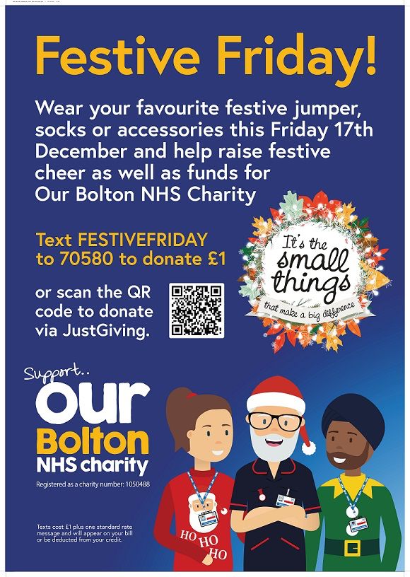 Don't forget, tomorrow is Festive Friday!

Get involved and wear your favourite Christmas jumper, socks or hair accessories. Please adhere to uniform and IPC policy.

@boltonnhsft #OurBoltonNHSCharity