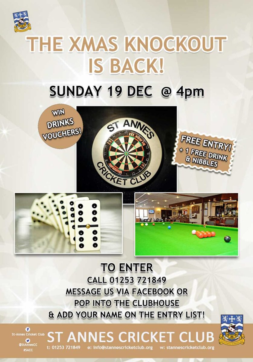🎯 IT’S A KNOCKOUT!
#darts, #dominoes &amp; #snooker Xmas competition!

⏰ SUN 19 Dec @ 4pm
✅ FREE ENTRY
🍺🍷 FREE DRINK: Fosters/glass of wine
🍿FREE SNACKS
🎁 PRIZES
🎯 Enter, 1, 2 or all 3 comps!

➡️ Add your name to the form in the clubhouse to enter
stannescricketclub.org/news/its-a-kno…