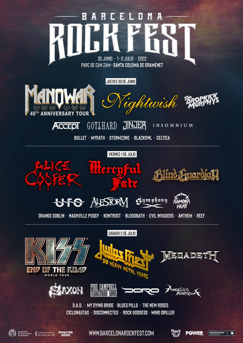El verano que viene tendremos a <a href="/kiss/">KISS</a>, <a href="/MANOWAR/">MANOWAR Official</a>, <a href="/NightwishBand/">Nightwish</a>, <a href="/alicecooper/">Alice Cooper</a>, <a href="/judaspriest/">Judas Priest</a>, <a href="/Megadeth/">Megadeth</a> y muchos más en el festival! Hazte tu entrada para el <a href="/bcnrockfest/">Barcelona Rock Fest</a> 2022 aquí:

ticketmaster.es/artist/barcelo…