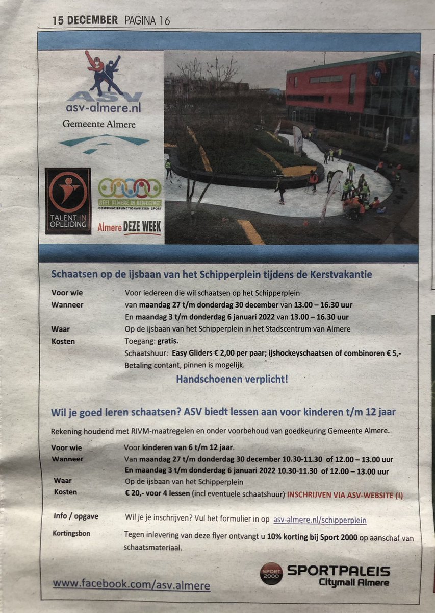 Heeft u het ook gezien vandaag in de Almere DEZE WEEK? De flyer voor de activiteiten voor de aanstaande kerstvakantie. 👍⛸🎄

Inschrijven en/of meer info via deze link: asv-almere.nl/schipperplein