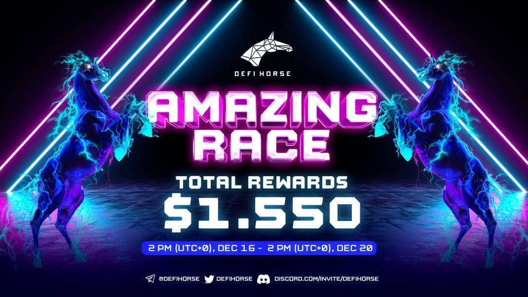 @DeFI_Horse is hosting an "Amazing Race" event on their channel , join now guys
⏰ Time: 2 PM Dec 16 - 2 PM Dec 20, 2021 (UTC)
🎯 Location: DeFiHorse Telegram Global Community
💵 BIG REWARDS: $1550
👉🏻Details: t.me/DeFiHorse_news…
#CoinLAB #DeFiHorse