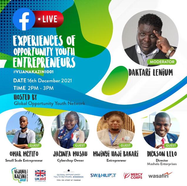 The #VijanaKazini001 conversations are up again, with Youthful Insights by <a href="/Tishmusau/">Tish Musau</a>, <a href="/Dicksonlelo/">DicksonLelo</a>,  Omar Mtito, and Mwiyi Haji Bakari. 

Moderated by <a href="/djleniumkenya/">★★ DJ Lenium Kenya™</a>, let's talk about entrepreneurship today.

Join us
🎰 16th December 2021
🕑 2pm - 3pm
📺 Stream live