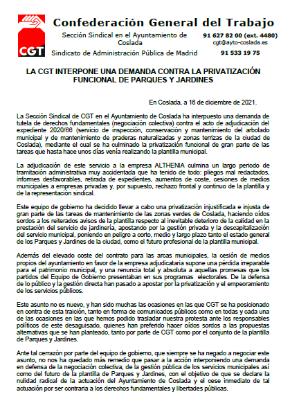 Comunicado de la Sección Sindical de CGT-Ayntamiento de Coslada en relación a la privatización perpetrada por el equipo de gobierno municipal en el servicio de Parques y Jardines.
