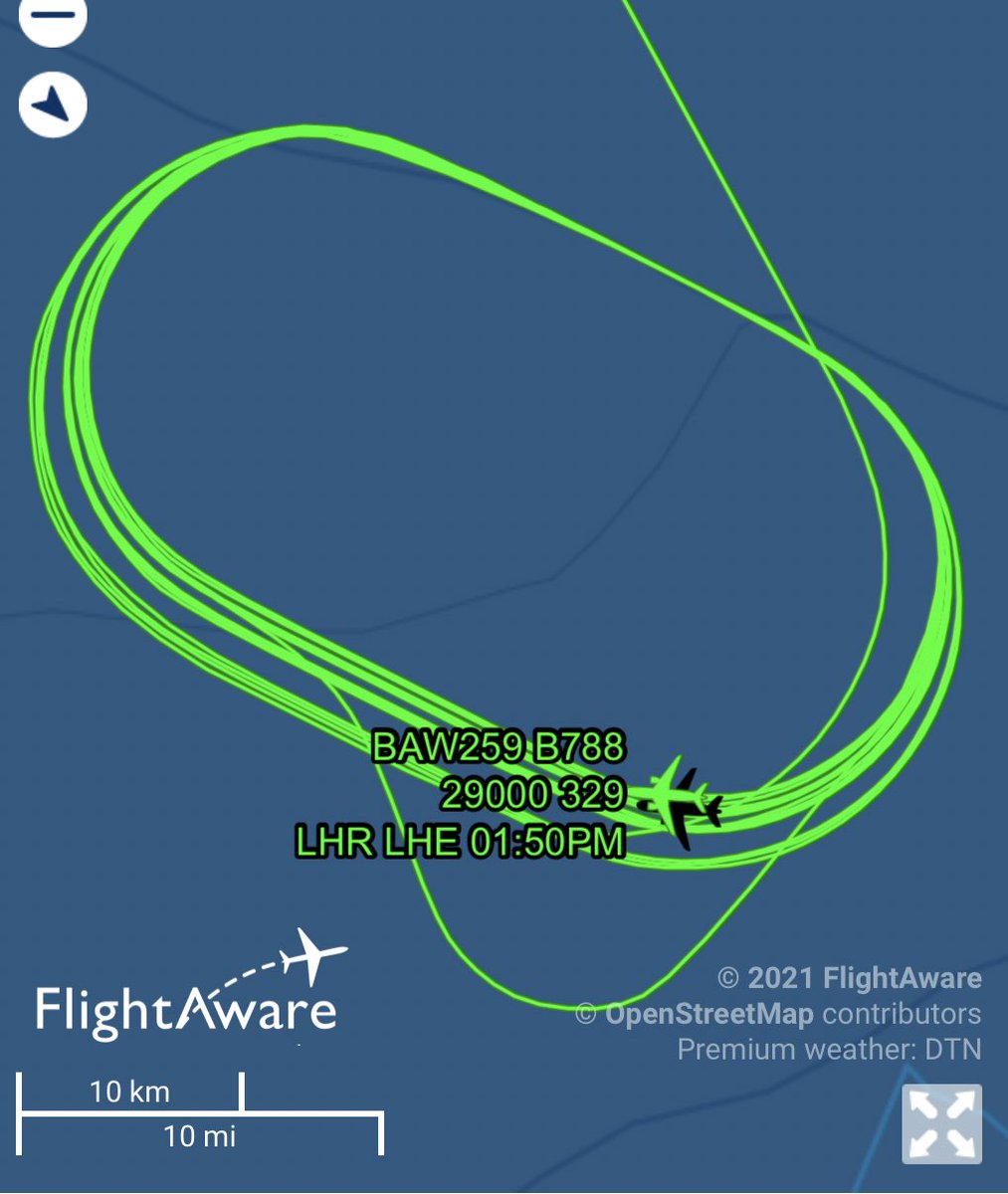 NoorHSumra's tweet photo. British Airways flight 259 has been circling the airway around Lahore airport for four hours now and it is so unnerving to watch. Praying it lands safely. https://t.co/FCYFQ6MuTP
