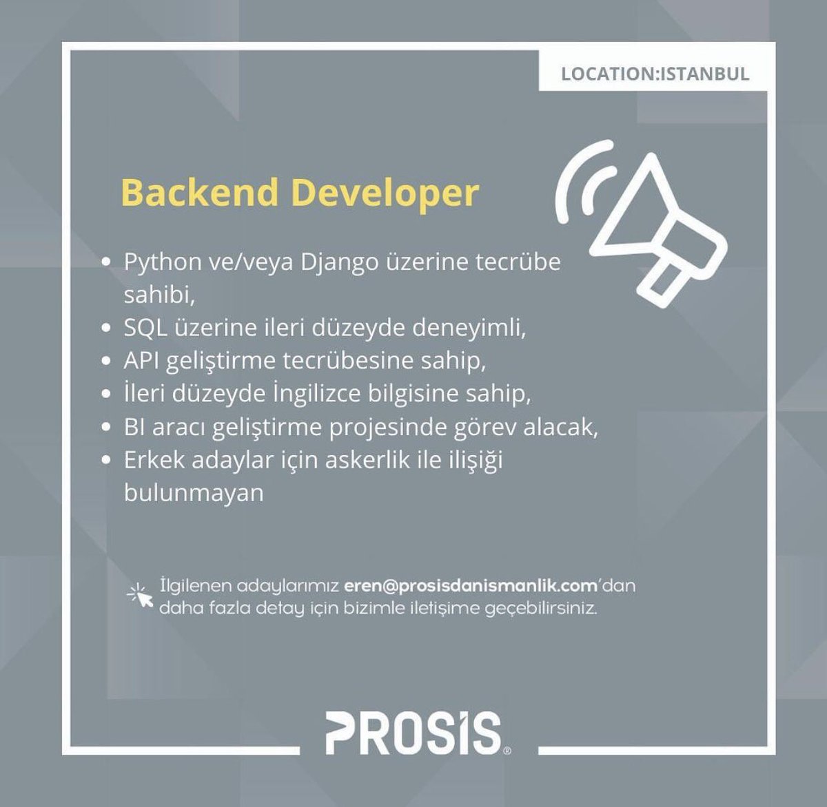 Danışmanlığını yapmakta olduğumuz iş ortağımız için Backend Developer arıyoruz. Yeni iş fırsatları ile ilgilenen adaylarımız detaylar için bizimle iletişime geçebilirler.

📍İstanbul

#backenddeveloper #işilanı #jobadvertisement