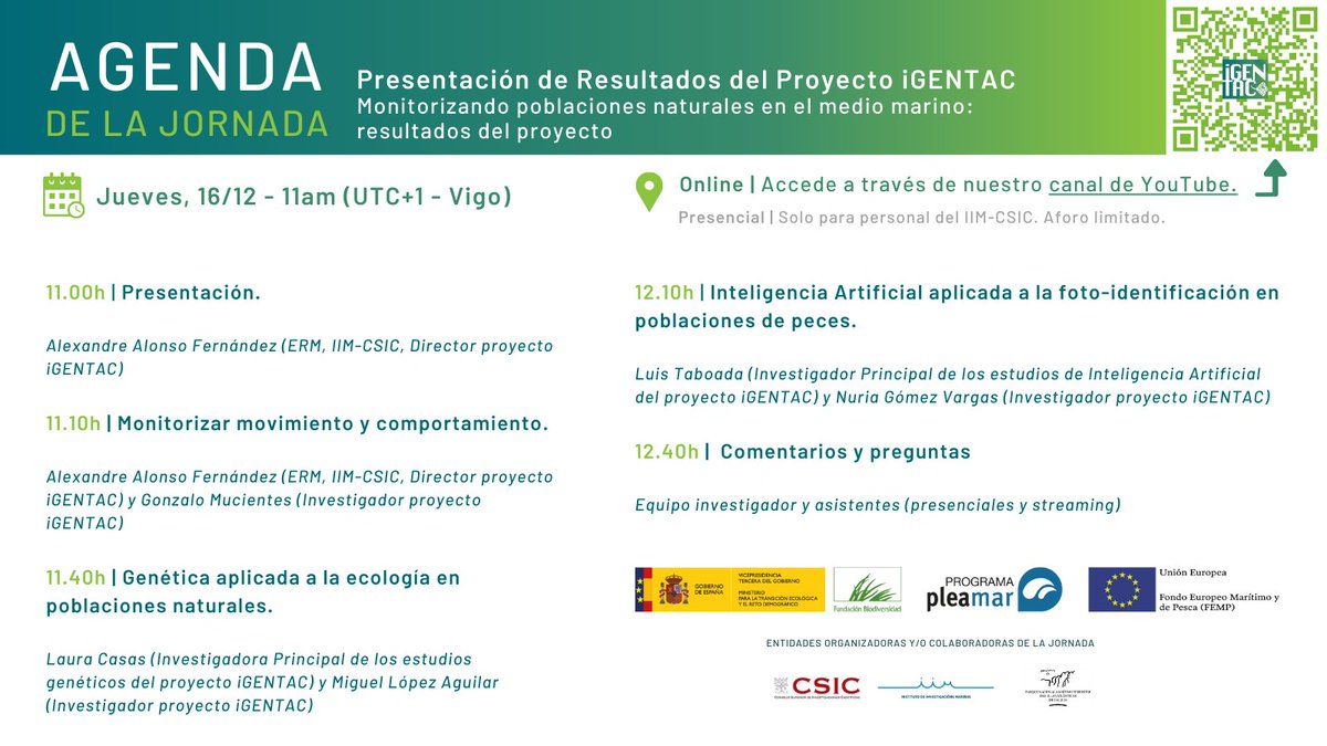 IIM_CSIC's tweet photo. 🔊🐟 En menos de 1h comienza en directo la presentación de #resultados del proyecto #iGENTAC en nuestro canal de YouTube ➡ https://t.co/bC6ht0lqBK

Monitoreo poblacional combinando #TelemetríaAcústica, #IA y participación ciudadana.

#Pleamar @FBiodiversidad @mitecogob #FEMP https://t.co/M5l670CsJu