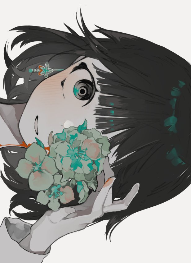 1girl solo flower white background simple background black hair looking at viewer  illustration images