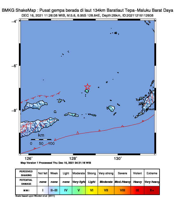 infoBMKG's tweet photo. #Gempa Mag:5.6, 16-Des-21 11:26:08 WIB, Lok:6.95 LS, 128.64 BT (Pusat gempa berada di laut 134km Baratlaut Tepa-Maluku Barat Daya), Kedlmn:26 Km Dirasakan (MMI) IV-V Damer, II-III Tepa #BMKG https://t.co/CEGWSE7OLo