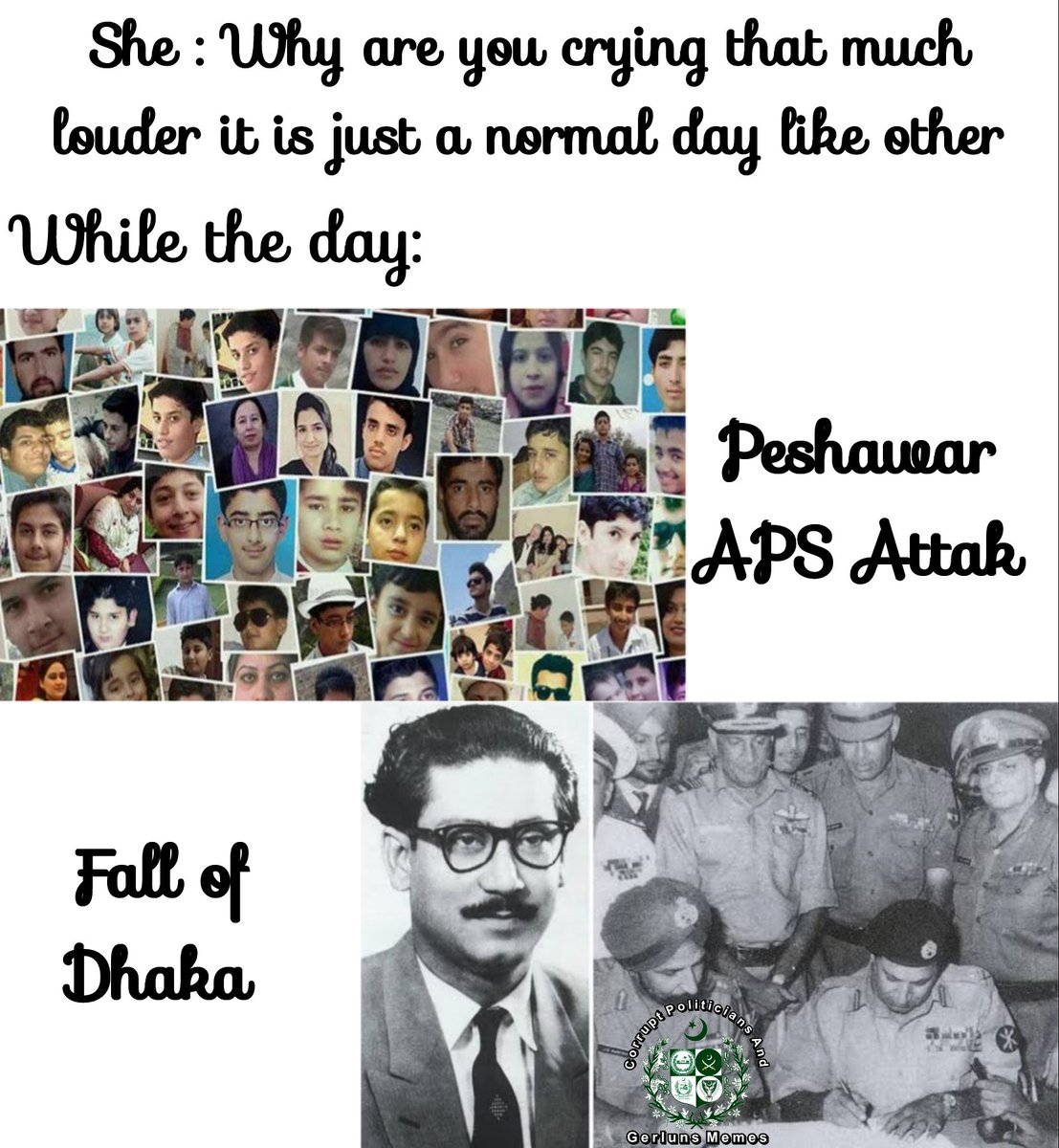 Aamirwzir's tweet photo. نہ ہم سانحہ APS بھولے ہیں اور نہ سکوتِ ڈھاکہ. لیکن افسوس کہ ہم ان کے مجرموں کو
بھولا چکے ہیں
16 December - the haunt of Rage and Pain 
#BlackDay
#APSPeshawar
#APSMartyrsDay
#16December
#FallofDhakha https://t.co/MKkTlfnogt
