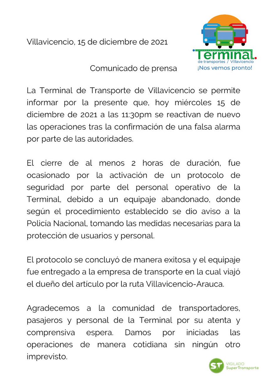TTVillavo's tweet photo. Informamos a la comunidad nuestra reactivación de operaciones en la Terminal de Trasnporte de Villavicencio después de una falsa alarma en nuestras instalaciones. 
@Supertransporte @PoliciaColombia 

#TerminalInforma #terminaltransportedevillavicencio #VámonosEnBus https://t.co/fbv6qTyd1G
