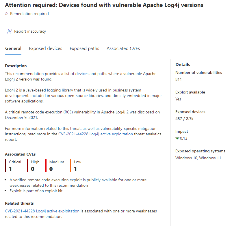 We have begun rolling out updates to the Threat &amp; Vulnerability Management capabilities in Microsoft Defender for Endpoint to surface vulnerable Log4j library components. These capabilities automatically discover vulnerable Log4j libraries on Windows clients and Windows servers.