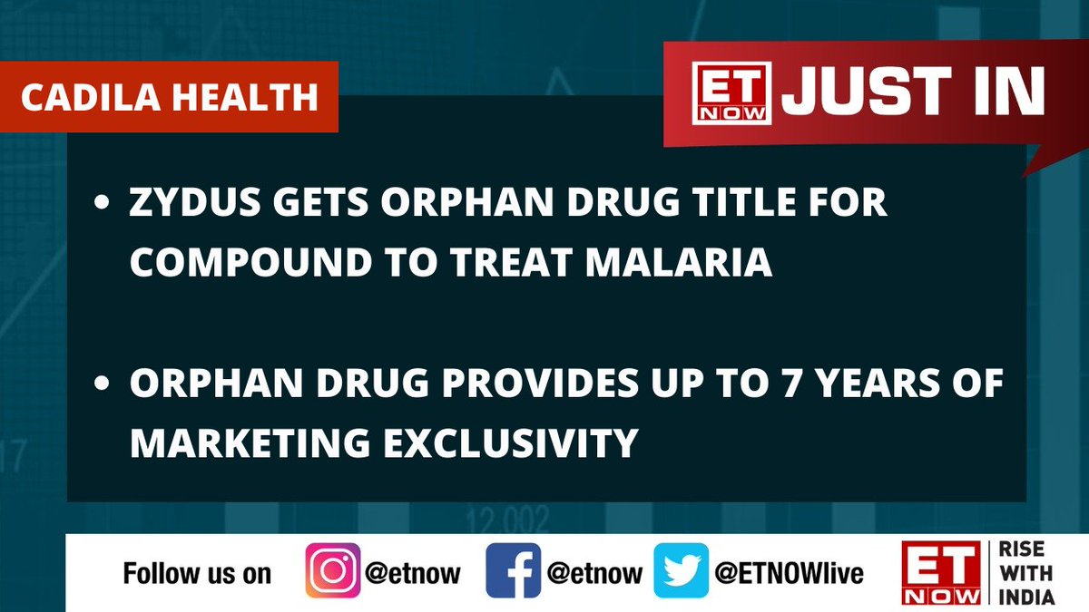 ETNOWlive's tweet photo. #JustIn | #Zydus gets orphan drug title for compound to treat #malaria
@ZydusUniverse #StocksToWatch #CadilaHealth https://t.co/DLnw0tz4RQ