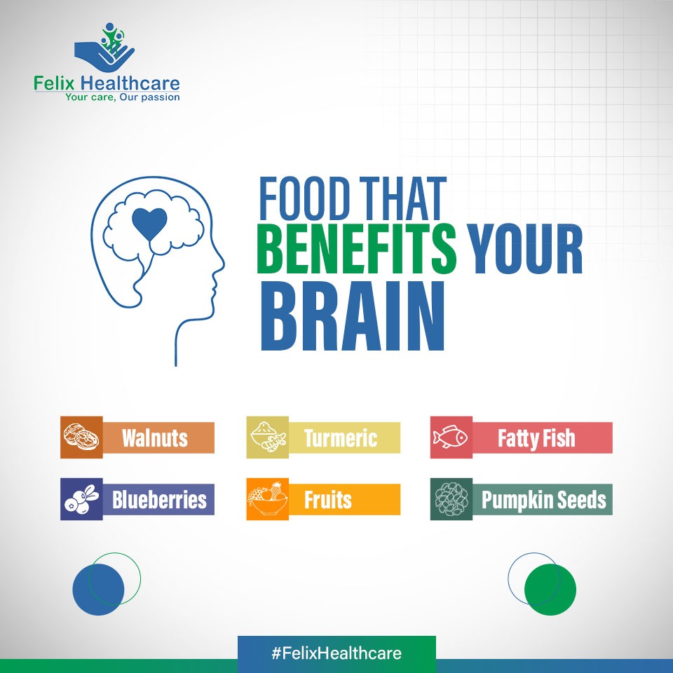 #HealthTips 
'Food that benefits your Brain
 Walnuts, Turmeric, Fatty Fish, Blueberries, Fruits, Pumpkin Seeds'
#FelixHospital  #BrainHealth #BrainHealthAwareness #BrainHealthBoost #WalNuts #Turmeric #FattyFish #BlueBarries #Fruits #PumpkinSeeds